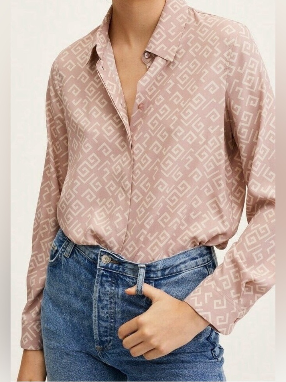 Mango ($79) Geometric Print Satin Button Down Blouse Pink Cream Sz 4